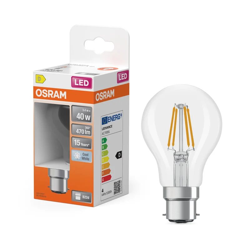 OSRAM LED Lampe LED Rétrofit CLASSIC A 4W 840 Clair B22d, 470 lm, 4000 K, Blanc froid
