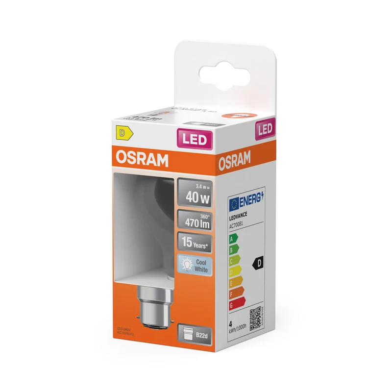 OSRAM LED Lampe LED Rétrofit CLASSIC A 4W 840 Clair B22d, 470 lm, 4000 K, Blanc froid