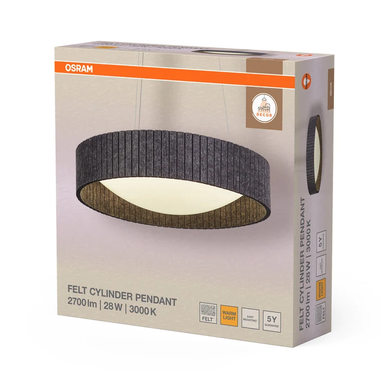 OSRAM DECOR Suspension Cylindre en Feutre Gris Foncé, 28W, 830mm