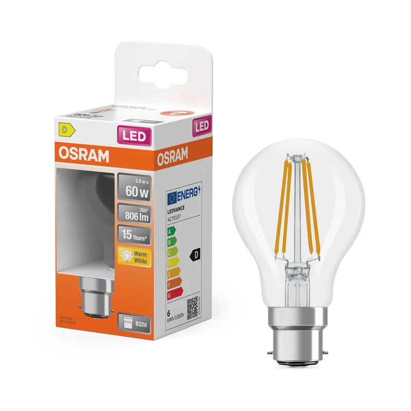 OSRAM LED Lampe LED Rétrofit CLASSIC A 6.5W 827 Clair B22d, 806 lm, 2700 K, Blanc chaud