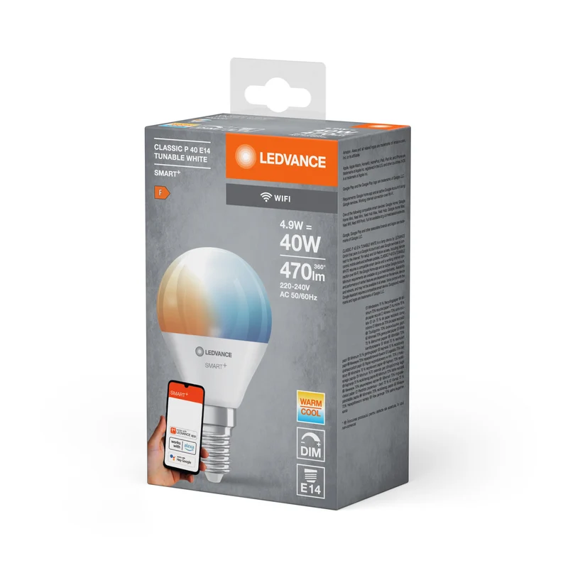 Ampoule LEDVANCE SMART+ Wifi Mini TW FR E14 4,9 W 470 lm, 2 700…6 500 K, blanc réglable