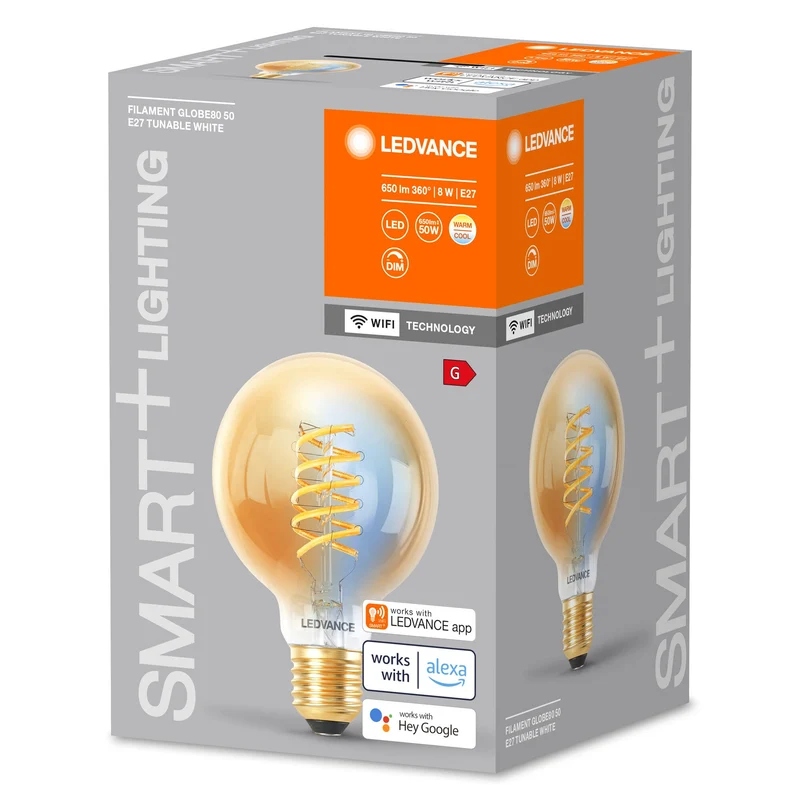 Ampoule LED Globe80 à filament Wifi SMART+ LEDVANCE E27 8 W, 600 lm, 2 200… 5 000 K, blanc réglable