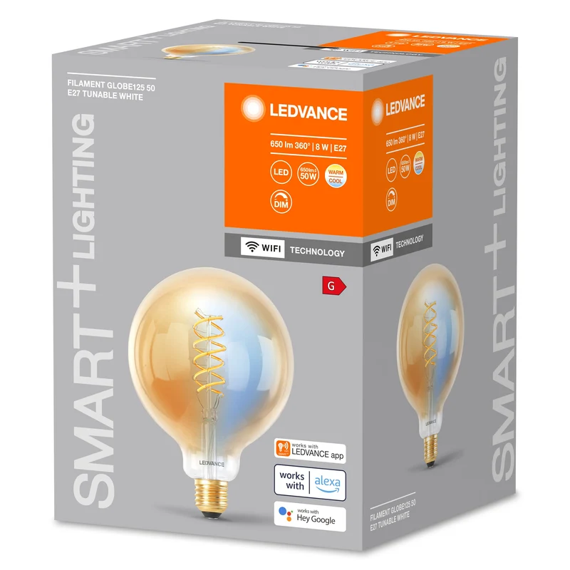 Ampoule LED Globe125 à filament LEDVANCE SMART+ Wifi E27 8 W 600 lm, 2 200…5 000 K, blanc réglable