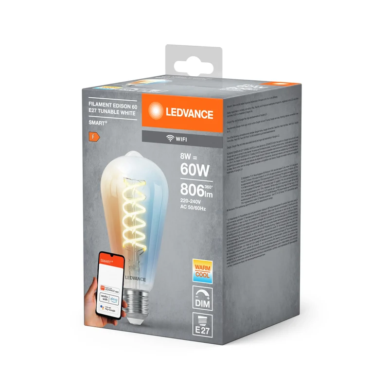 Ampoule LED Edison à filament LEDVANCE SMART+ Wifi E27 8 W 806 lm, 2 700…6 500 K, blanc réglable