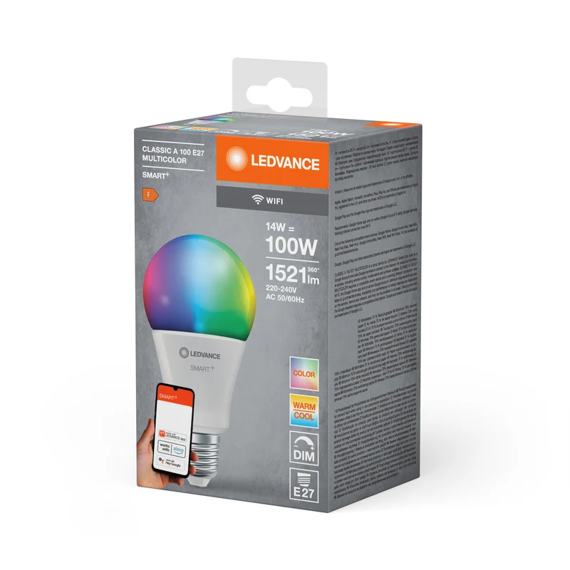 Lampe LED classique LEDVANCE SMART+ Wifi RGBW FR E27 14W 1521 lm, 2700…6500 K, RGBW