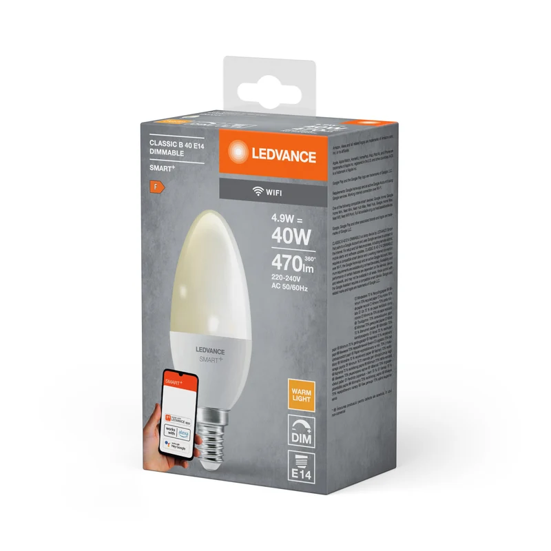 Lampe LED Bougie Wifi LEDVANCE SMART+ Dimmable DIM FR E14 4,9 W, 470 lm, 2700 K, Blanc Chaud