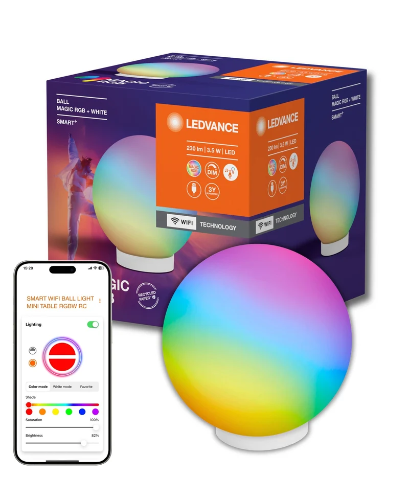 Lampe de table LEDVANCE SMART+ Wifi BALL Moodlight MAGIC RGB RGBW USB, 200 lm, 2200 ... 6500 K, Blanc réglable|RGB
