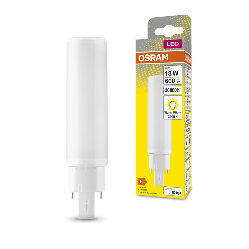 Lampe LED OSRAM DULUX LED D/E HF & AC MAINS 6W 830 G24Q-1, 600 lm, 3000 K, blanc chaud