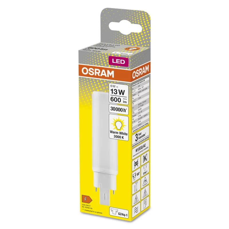 Lampe LED OSRAM DULUX LED D/E HF & AC MAINS 6W 830 G24Q-1, 600 lm, 3000 K, blanc chaud