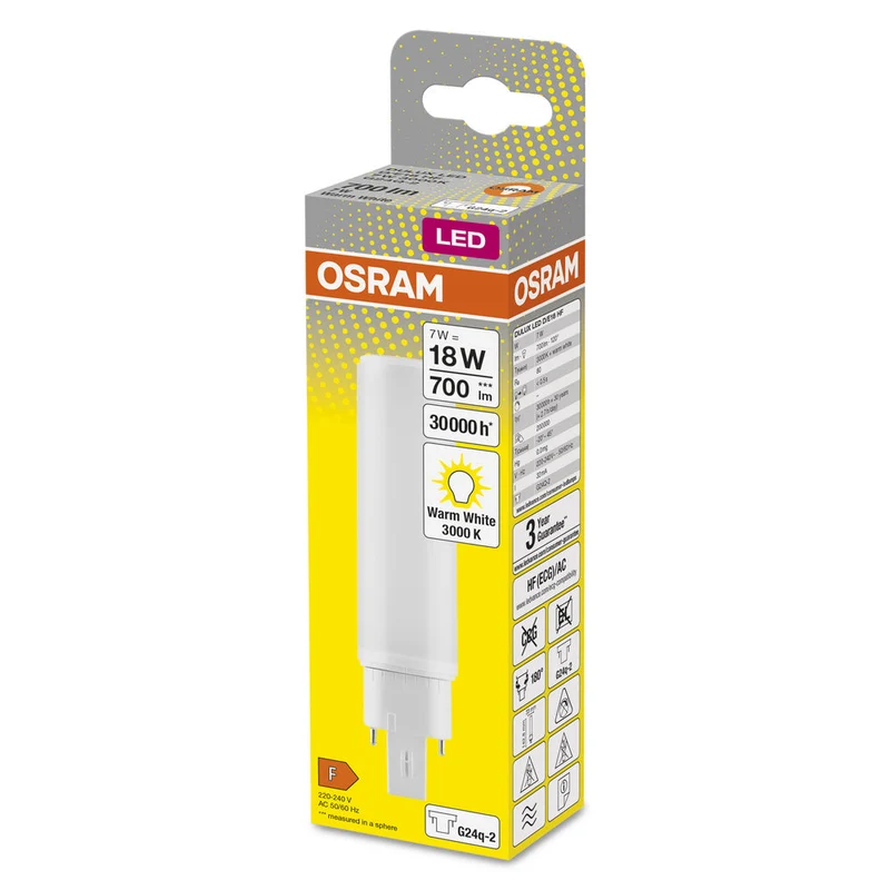 Lampe LED OSRAM DULUX LED D/E HF & AC MAINS 7W 830 G24Q-2, 700 lm, 3000 K, blanc chaud