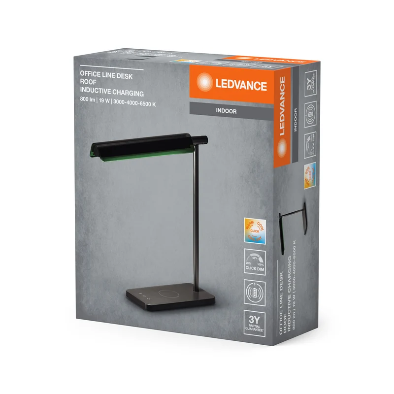 Lampe de bureau LEDVANCE OFFICE LINE Desk Roof à chargement par induction 19 W CCT à intensité variable Noir, 520 lm, 3 000 K/4 000 K/6 500 K, Blanc chaud|Blanc froid|Lumière du jour froide