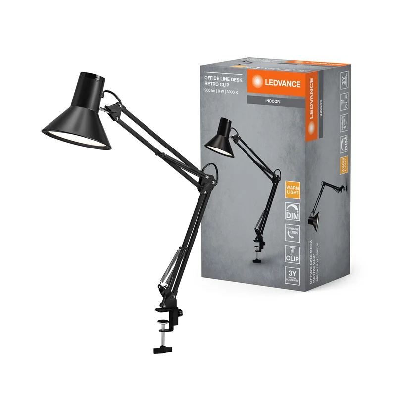 Lampe de bureau LEDVANCE OFFICE LINE Desk Retro Clip 9W 830 Dimmable Noir, 393 lm, 3000 K, Blanc chaud