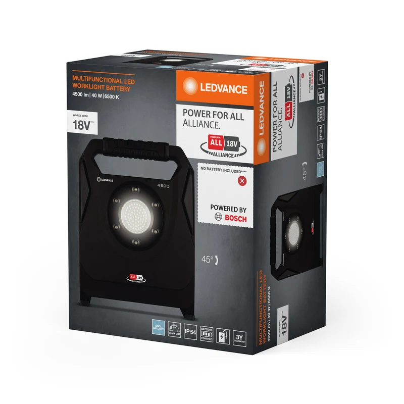 LEDVANCE LAMPE DE TRAVAIL - Bosch Power for All Alliance - BATTERIE Projecteur extérieur incluant Powerbank, 18V, 45W, 6500K Click-DIM