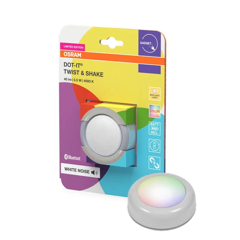 OSRAM Bluetooth SMART DOT-IT TWIST & SHAKE, point rechargeable, fonction bruit blanc, RGBW, 4000K