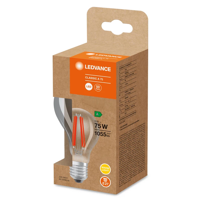 Lampe LED Classe d'efficacité énergétique A Filament Classique clair, 5W/3000K, E27