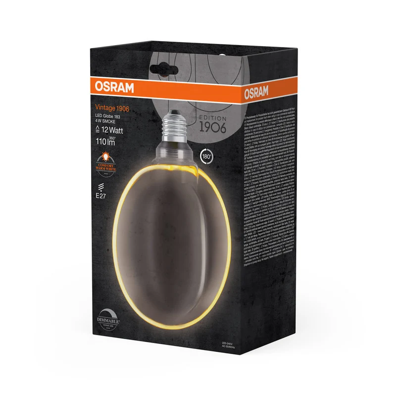 Lampe LED OSRAM VINTAGE 1906® LED CLASSIC GLOBE183 O-Form FILAMENT 4W 818 Fumée E27, 110 lm, 1800 K, Blanc chaud confort