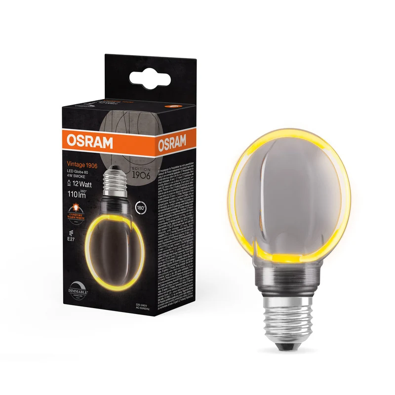 Lampe LED OSRAM VINTAGE 1906® LED CLASSIC GLOBE80 O-Form FILAMENT 4W 818 Fumée E27, 110 lm, 1800 K, Blanc chaud confort