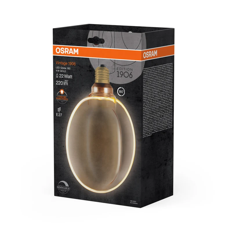 Lampe LED OSRAM VINTAGE 1906® LED CLASSIC GLOBE183 O-Form FILAMENT 4W 818 Gold E27, 220 lm, 1800 K, Blanc chaud confort