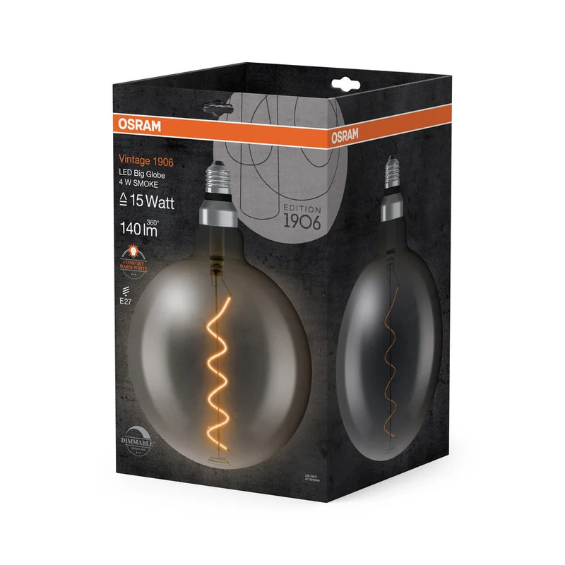 Lampe LED OSRAM VINTAGE 1906® LED CLASSIC Globe Dimmable 4W 818 Fumée E27, 140 lm, 1800 K, Lumière Chaude et Confortable