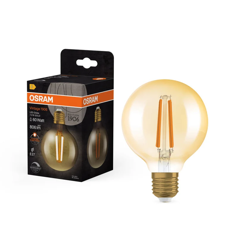 Lampe LED OSRAM VINTAGE 1906® LED CLASSIC Globe Dimmable 7,2W 824 Gold E27, 806 lm, 2400 K, Blanc chaud confort