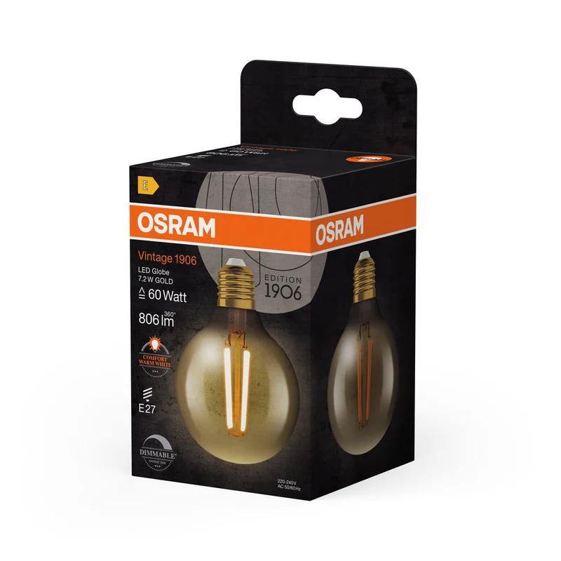 Lampe LED OSRAM VINTAGE 1906® LED CLASSIC Globe Dimmable 7,2W 824 Gold E27, 806 lm, 2400 K, Blanc chaud confort