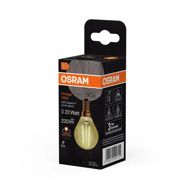 Lampe LED OSRAM VINTAGE 1906® LED CLASSIC P 2,5 W 824 Gold E14, 220 lm, 2400 K, lumière chaude et confortable