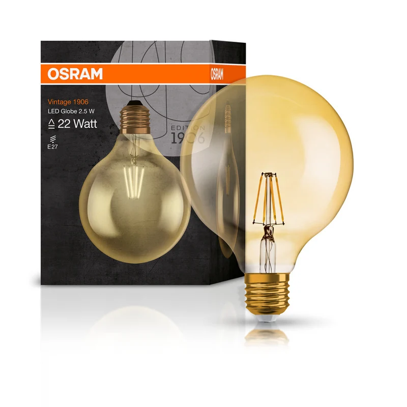 Lampe LED OSRAM VINTAGE 1906® LED CLASSIC GLOBE 2,5 W 824 Gold E27, 220 lm, 2400 K, lumière chaude et confortable