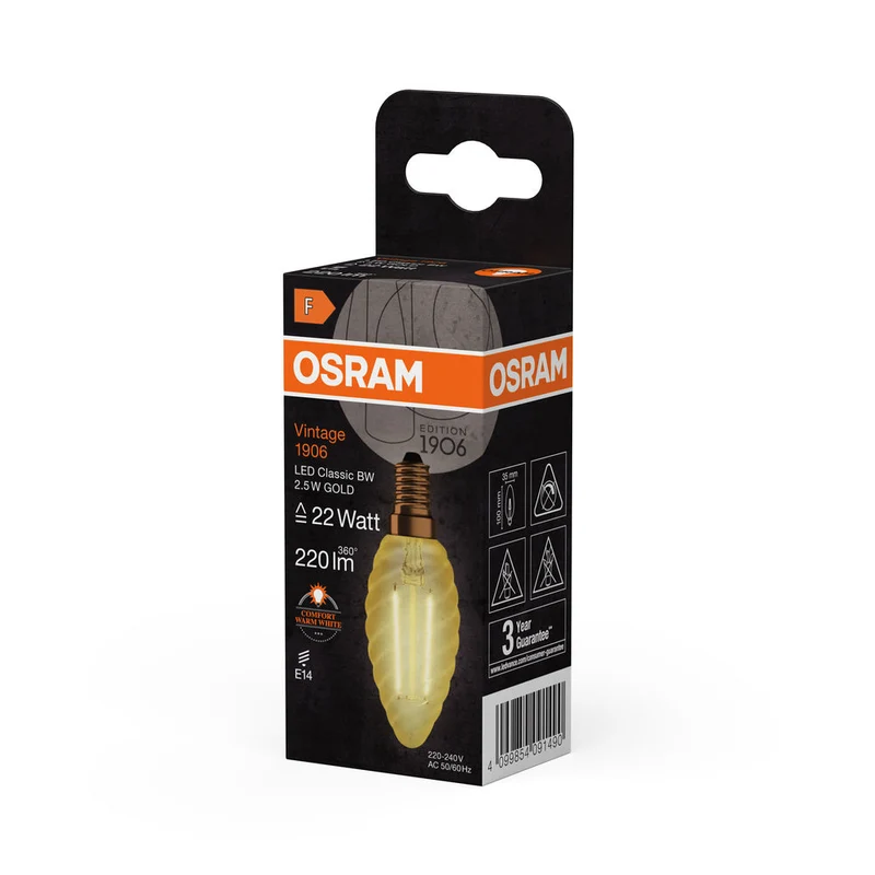 Lampe LED OSRAM VINTAGE 1906® LED CLASSIC B 2,5 W 824 Gold E14 BW-Form, 220 lm, 2400 K, lumière chaude et confortable