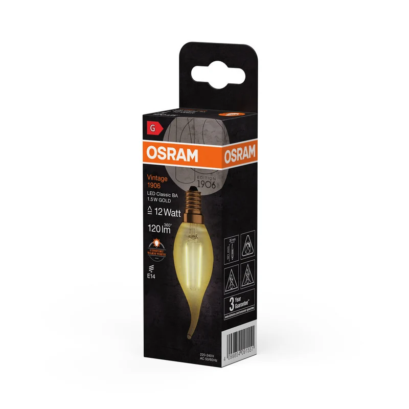 Lampe LED OSRAM VINTAGE 1906® LED CLASSIC B 1,5 W 824 Gold E14 forme BA, 120 lm, 2400 K, lumière chaude et confortable