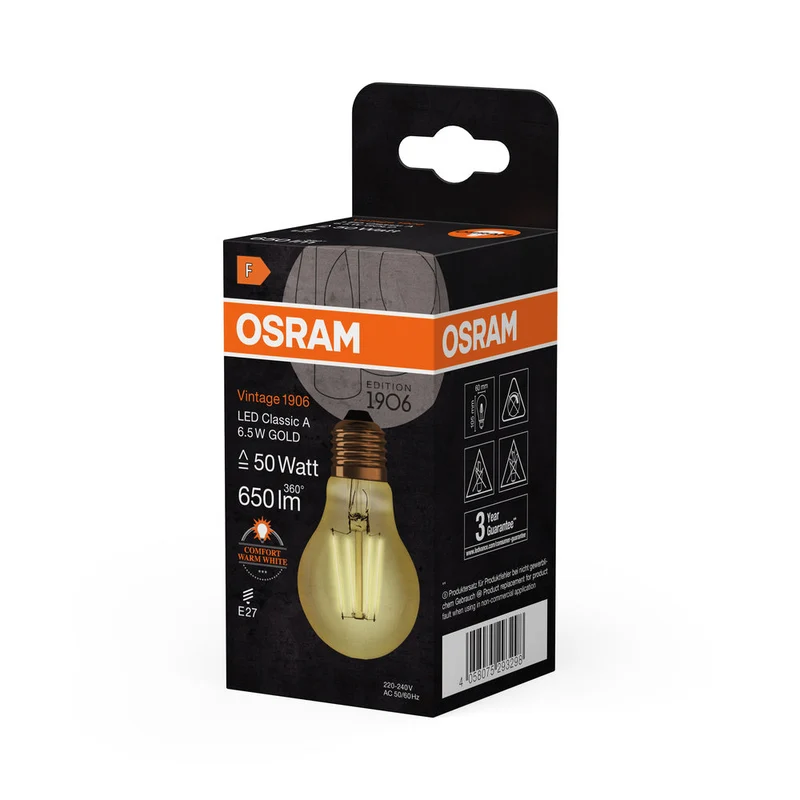 Lampe LED OSRAM VINTAGE 1906® LED CLASSIC A 6,5 W 824 Gold E27, 650 lm, 2400 K, lumière chaude et confortable
