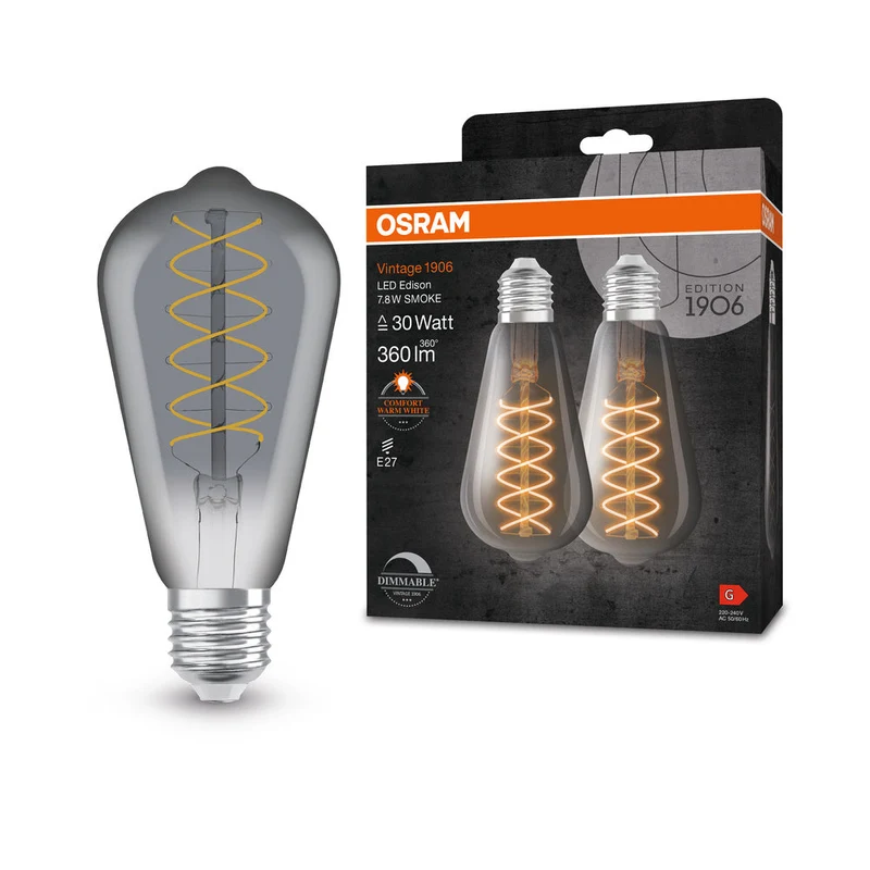 Lampe LED OSRAM VINTAGE 1906® LED CLASSIC SLIM FILAMENT EDISON DIMMABLE 7,8 W 818 Fumée E27, 360 lm, 1800 K, Blanc chaud confort, lot de 2