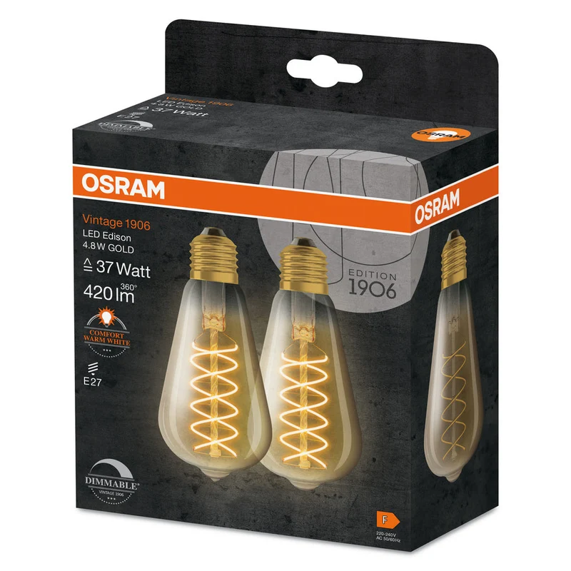 Lampe LED OSRAM VINTAGE 1906® LED CLASSIC SLIM FILAMENT EDISON DIMMABLE 7,8 W 818 Fumée E27, 360 lm, 1800 K, Blanc chaud confort, lot de 2