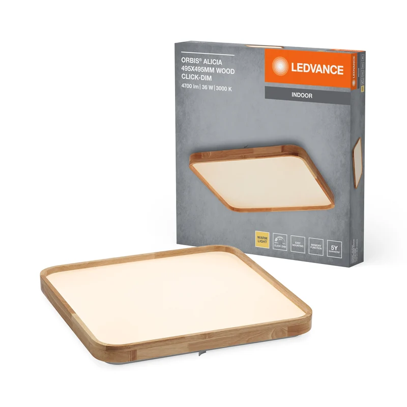 LEDVANCE ORBIS Alicia plafonnier dimmable Click-DIM 36W 495x495mm décor bois