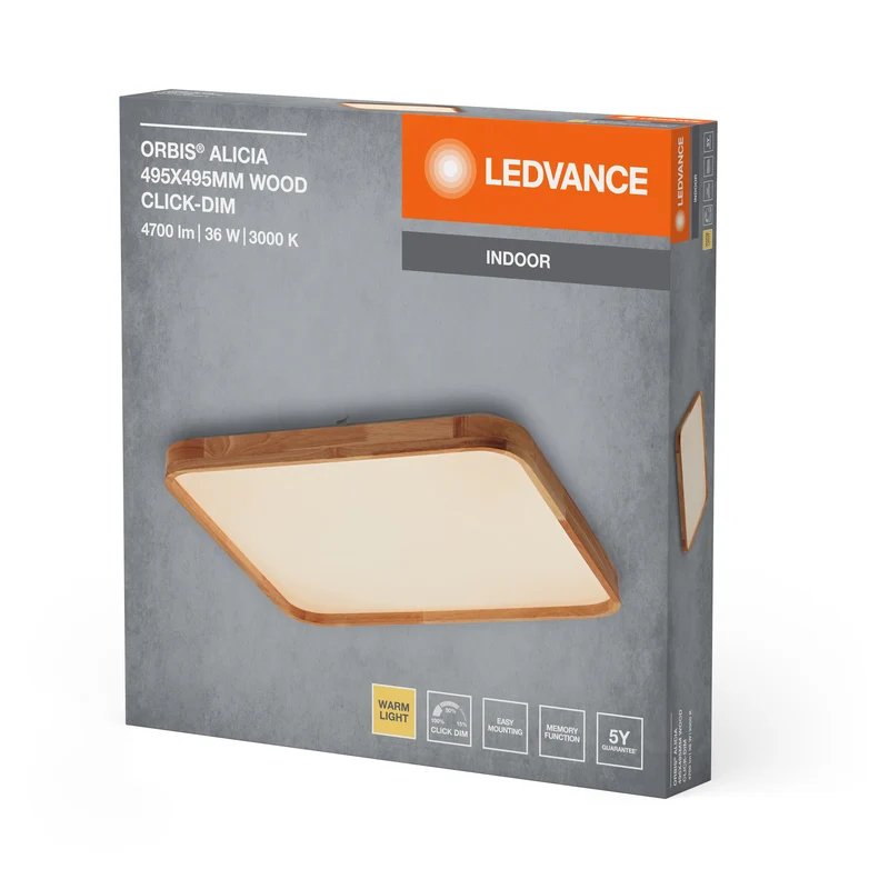 LEDVANCE ORBIS Alicia plafonnier dimmable Click-DIM 36W 495x495mm décor bois