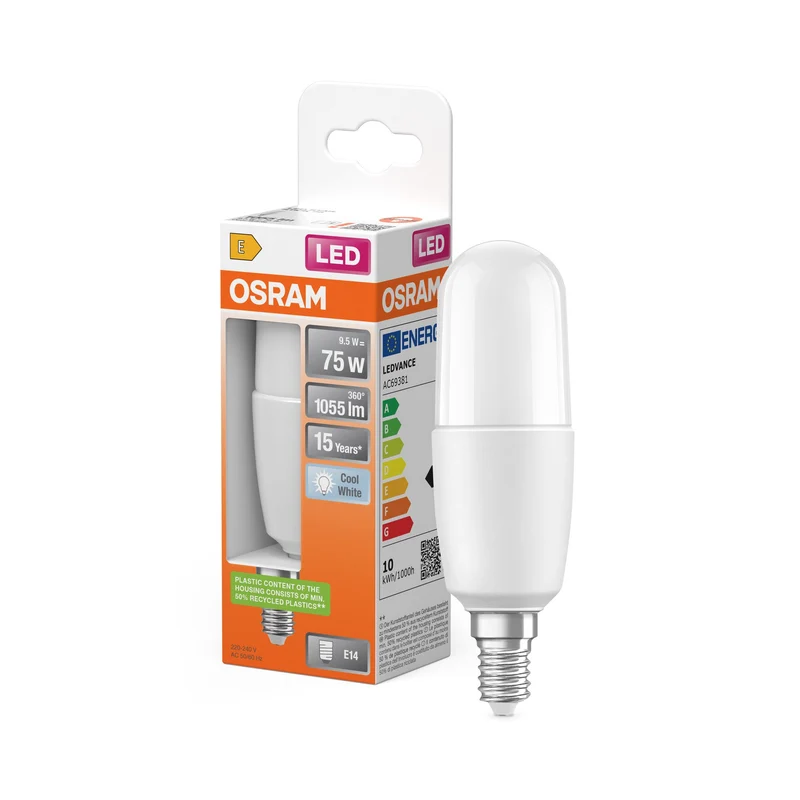 Lampe LED OSRAM LED STAR STICK 9,5W 840 Frosted E14, 1055 lm, 4000 K, blanc froid