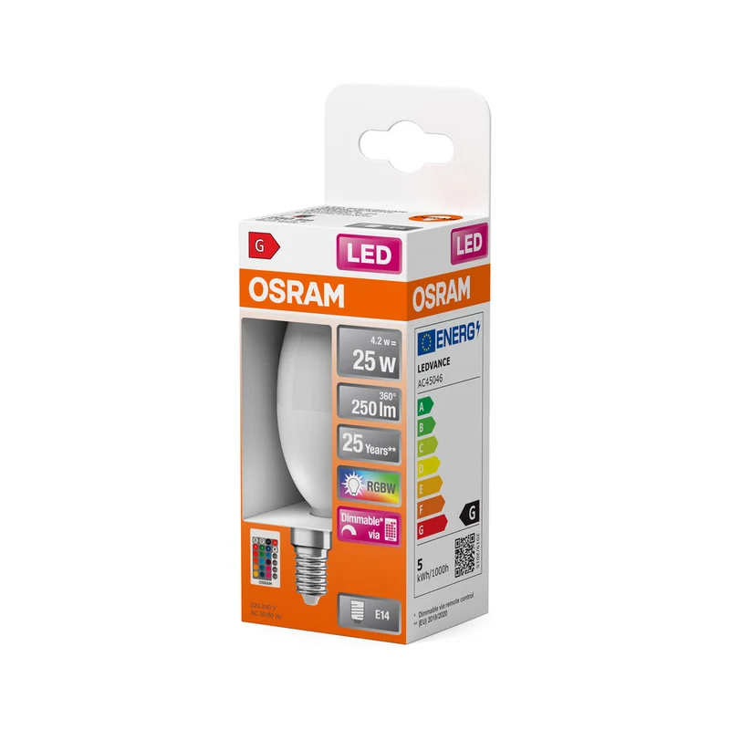 Lampe LED OSRAM Lampes LED Retrofit RGBW avec télécommande 4,2 W 827 Frosted E14 B-Form, 250 lm, 2700 K, Blanc chaud
