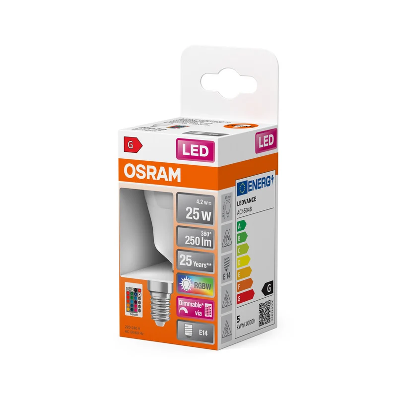 Lampe LED OSRAM Lampes LED Retrofit RGBW avec télécommande 4,2 W 827 Frosted E14 P-Form, 250 lm, 2700 K, Blanc chaud
