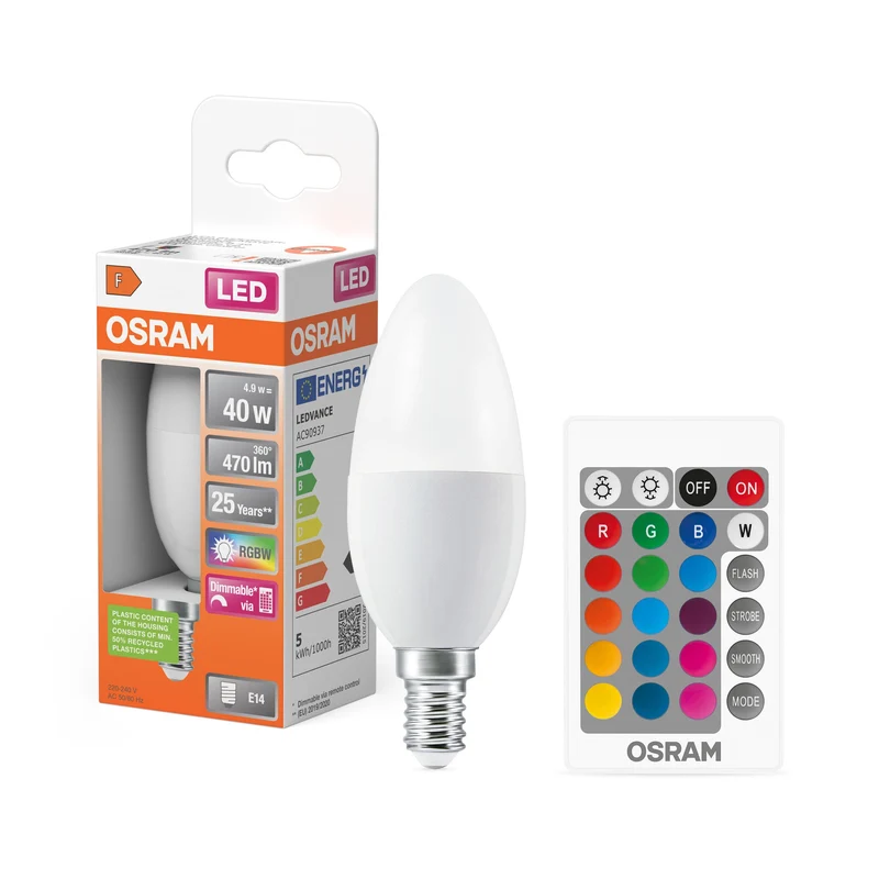 Lampe LED OSRAM Lampes LED Retrofit RGBW avec télécommande 4,9 W 827 Frosted E14, 470 lm, 2700 K, Blanc chaud