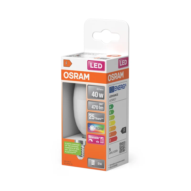 Lampe LED OSRAM Lampes LED Retrofit RGBW avec télécommande 4,9 W 827 Frosted E14, 470 lm, 2700 K, Blanc chaud