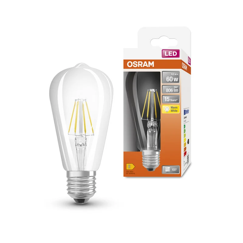 Lampe LED OSRAM LED Retrofit CLASSIC ST 6,5W 827 Clear E27, 806 lm, 2700 K, blanc chaud