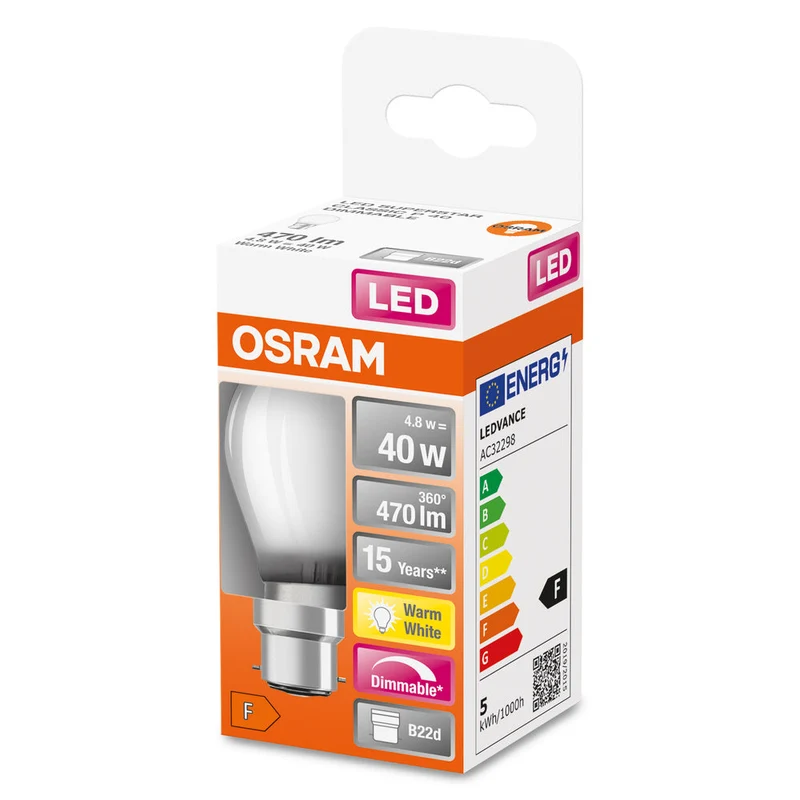 Lampe LED OSRAM LED Retrofit CLASSIC P DIM 4,8W 827 Frosted B22d, 470 lm, 2700 K, blanc chaud