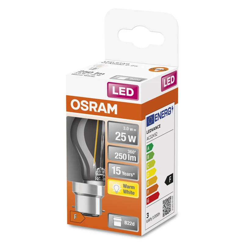 Lampe LED OSRAM LED Retrofit CLASSIC P 2,5W 827 Clear B22d, 250 lm, 2700 K, blanc chaud