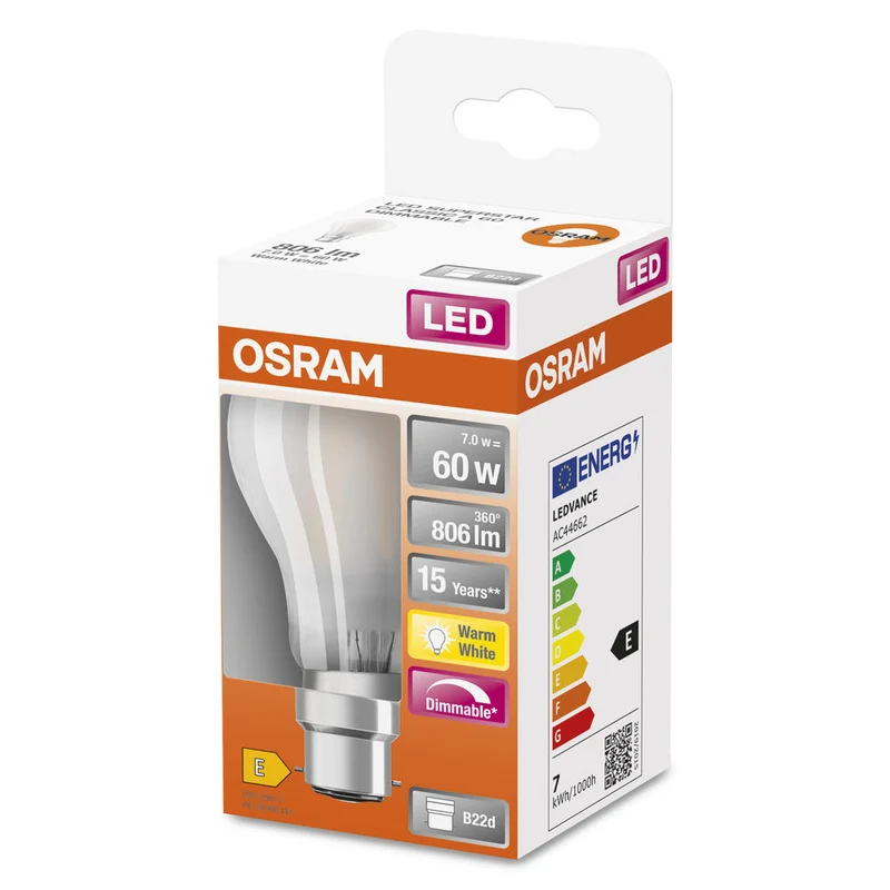 Lampe LED OSRAM LED Retrofit CLASSIC A DIM 7W 827 Frosted B22d, 806 lm, 2700 K, blanc chaud
