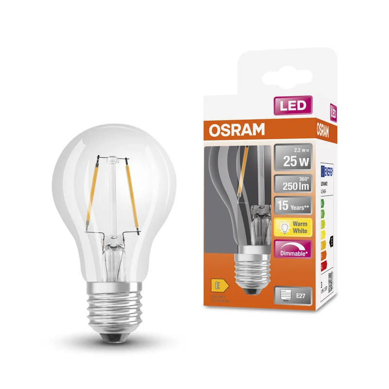 Lampe LED OSRAM LED Retrofit CLASSIC A DIM 2,2W 827 Clear E27, 250 lm, 2700 K, blanc chaud