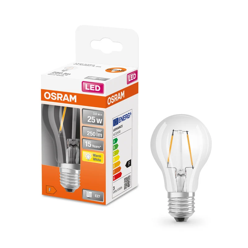Lampe LED OSRAM LED Retrofit CLASSIC A 2,5W 827 Clear E27, 250 lm, 2700 K, blanc chaud