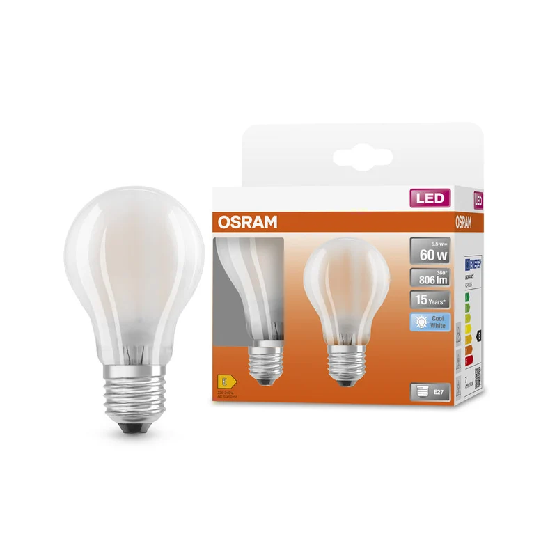 Lampe LED OSRAM LED Retrofit CLASSIC A 6,5W 840 Frosted E27, 806 lm, 4000 K, blanc froid, lot de 2