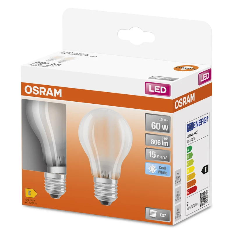 Lampe LED OSRAM LED Retrofit CLASSIC A 6,5W 840 Frosted E27, 806 lm, 4000 K, blanc froid, lot de 2