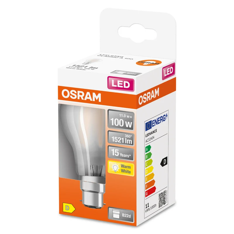 Lampe LED OSRAM LED Retrofit CLASSIC A 11W 827 Frosted B22d, 1521 lm, 2700 K, blanc chaud