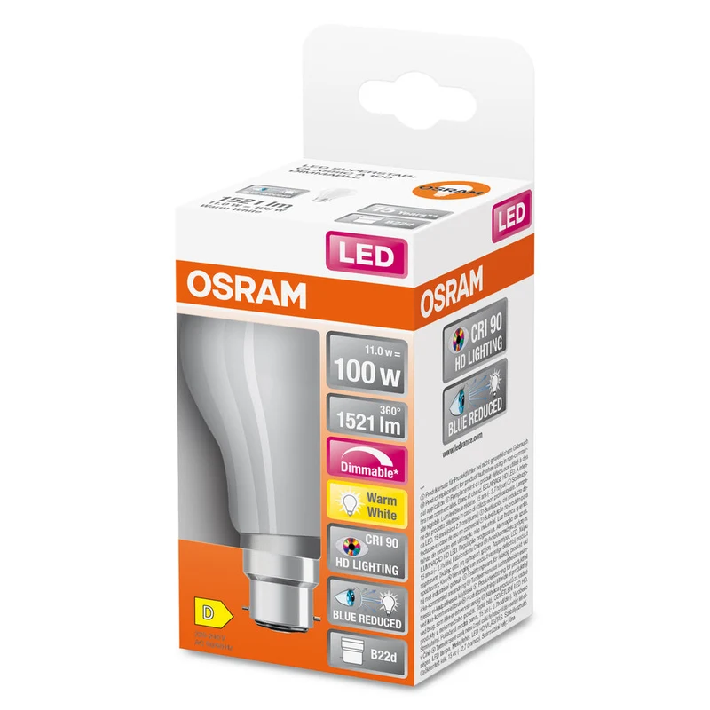 Lampe LED OSRAM LED SUPERSTAR PLUS CLASSIC A FILAMENT 11W 927 Frosted B22d, 1521 lm, 2700 K, blanc chaud