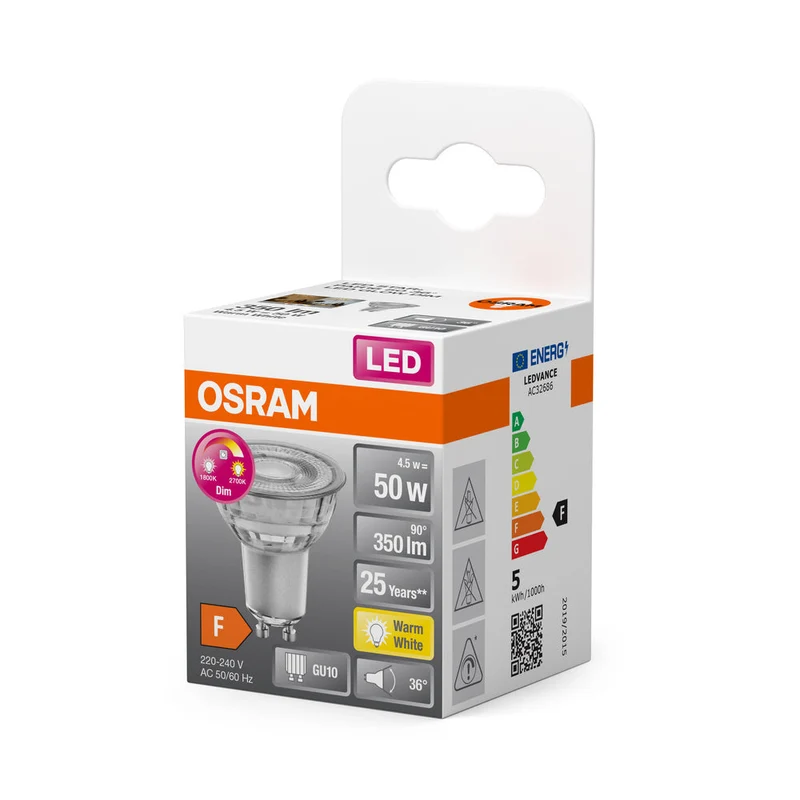 Lampe LED OSRAM SUPERSTAR PAR16 GLOWdim 4,5W 827 GU10, 350 lm, 1800…2700 K, blanc chaud